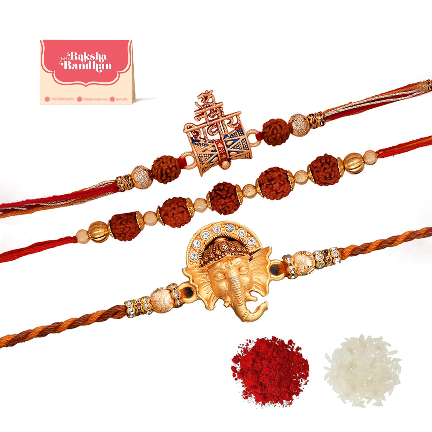 Set Of 3 Auspicious Rudraksha Studded Rakhis