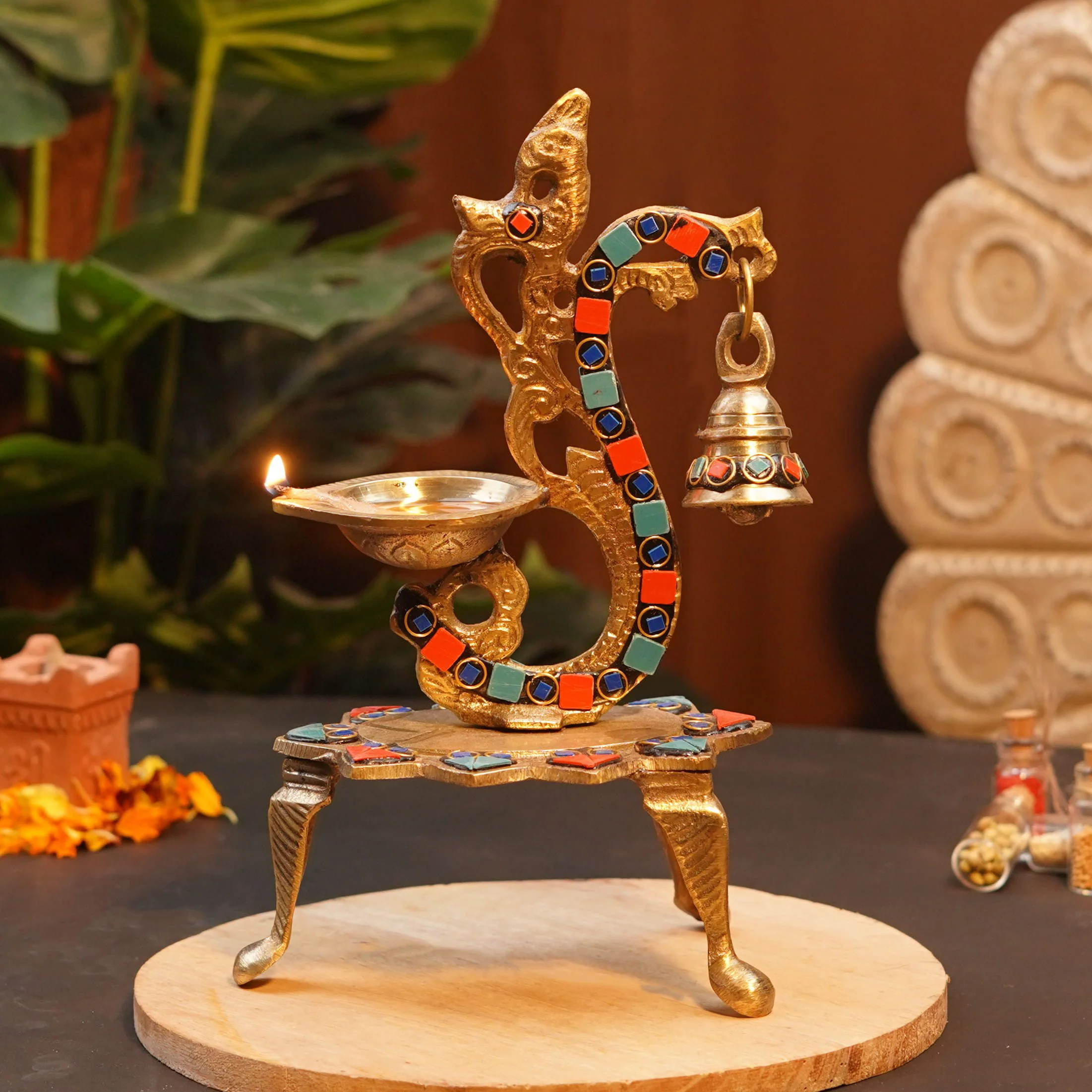 Pure Brass Diya with Colourful Stone Work 9 inch | 650 g