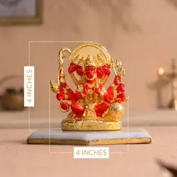 Panchmukhi Hanuman Statue With Orange Enamel - Gold Plated