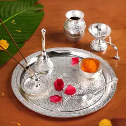 Silver Embossed Brass Pooja Thali Set of 7 – Kalash, Diya, Bell, Spoon, Bowl set 