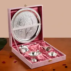 Silver Embossed Brass Pooja Thali Set of 7 – Kalash, Diya, Bell, Spoon, Bowl set 