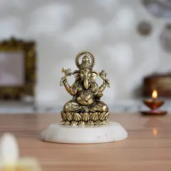 Brass Left-Trunk Ganesha Murti Sitting On Lotus (3
