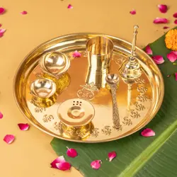 Pure Brass Gold Plated Mangal Kalash Thali Set 10 inch | 468 g