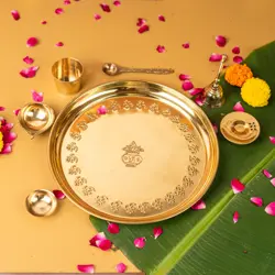Pure Brass Gold Plated Mangal Kalash Thali Set 10 inch | 468 g